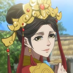 an anime character wearing a gold crown and holding her hand up to her face, with trees in the background