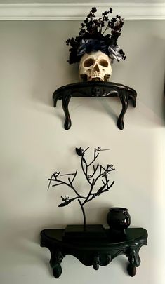 a black shelf with a fake skull on top of it next to a wall mounted plant