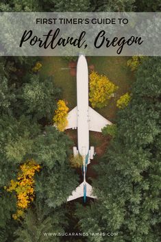 an aerial view of a plane flying through the trees with text overlay that reads first timer's guide to portland, oregon