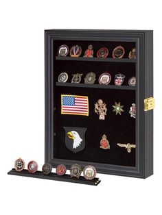 a display case with several badges and medals