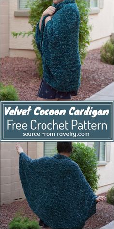 a woman wearing a blue cape with text overlay that reads, free crochet pattern