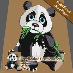 a cross stitch panda bear eating bamboo with another panda in the background and text that reads, digital sample not a photo