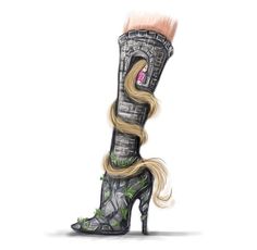 a drawing of a high heeled shoe with long blonde hair