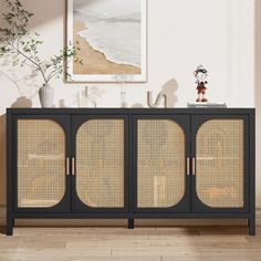 a sideboard with wicker doors in an empty living room, next to a plant