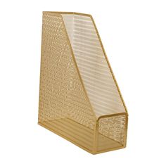 a gold colored desk organizer with two sections on the bottom and one section at the top