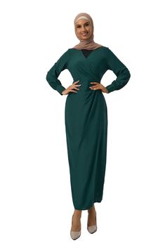 No matter the city your soiree is in the Teal Wrap Maxi Dress is the perfect plus one! Lightweight, smooth woven fabric falls from a criss cross neckline, into a V-neck, princess-seamed bodice, and a sleek, wrap skirt with a modern fit! 100% Polyester Criss cross neckline Nursing Friendly Fit and Flare Faux Wrap Skirt Straight Silhouette Model is 5'10" wearing a size small Fitted Green Maxi Dress With Surplice Neckline, Green Fitted Maxi Dress With Surplice Neckline, V-neck Midi Dress For Banquet, Green Maxi Dress With Surplice Neckline For Evening, Elegant Solid Color Maxi Wrap Dress, Solid Color Dress With Surplice Neckline For Evening, Solid Maxi Dress With Surplice Neckline For Formal Events, Solid Maxi Dress With Surplice Neckline For Formal Occasions, Formal Solid Maxi Dress With Surplice Neckline