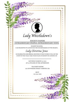 the front cover of lady whistledown's book, featuring purple flowers and green leaves