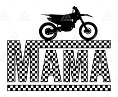 a black and white photo of a motorcycle on the word mamma with checkered background