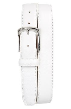 Immaculate contrast topstitching outlines a beautifully burnished leather belt secured by a gleaming buckle. 1 3/8" width. Leather. By Torino Belts; imported. Men's Furnishings. Modern White Belt For Formal Occasions, Modern White Formal Belt, Elegant White Leather Belt, Elegant Leather Belt With Buckle Closure, Elegant White Belt Buckle, Fringed Belt, Lipstick Bag, Chain Strap Bag, Oversized Tote Bag