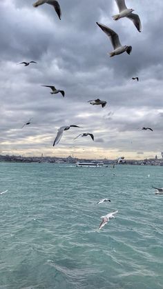 seagulls flying over the ocean on a cloudy day