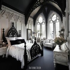 an ornate bedroom with black and white decor