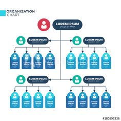 an organization chart with blue and green tags