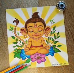 a drawing of a monkey sitting on top of a flower with eyes closed and hands in the air