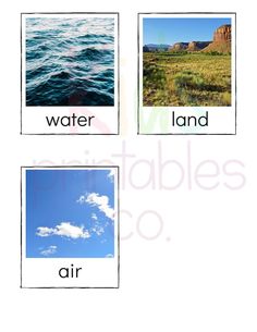 four different pictures with the words water, land and air in each one's uppercase