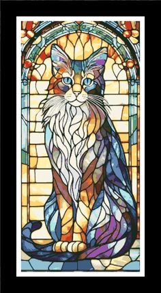 a cat sitting in front of a stained glass window