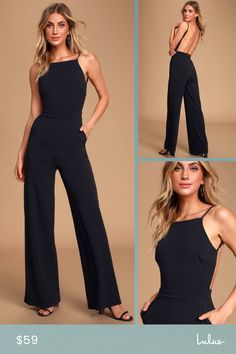 The night is yours in the Lulus Something to Behold Black Jumpsuit! Sleek and stretchy crepe knit forms a fitted bodice with darting and a high apron neckline. Spaghetti straps frame a sexy open back, while pant legs fall below the fitted waistband with diagonal front pockets. Hidden back zipper. Fit: This garment fits true to size. Length: Floor length. Size medium measures 57.5" from adjustable straps to hem. Inseam: 31.50 Front Rise: 14.25 Bust: Works best for A to C cup sizes - consider sizi Fitted Summer Jumpsuits And Rompers For Gala, Fitted Jumpsuits And Rompers For Gala In Summer, Fitted Jumpsuits And Rompers For Summer Gala, Elegant Jumpsuits And Rompers With Spaghetti Straps, Fitted Jumpsuits With Back Opening, Fitted Jumpsuits And Rompers With Back Opening, Elegant Evening Jumpsuit With Spaghetti Straps, Elegant Formal Jumpsuits And Rompers, Sleeveless Elastane Jumpsuits And Rompers For Date Night