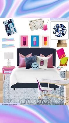 a bedroom with pink, blue and purple decor