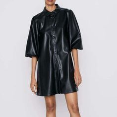 Black PU Faux Leather Short Sleeve Turn-Down Collar Dress - Uniqistic.com Black Faux Leather Mini Dress For Work, Fall Faux Leather Dress For Night Out, Faux Leather Dress For Night Out In Fall, Faux Leather Mini Dress For Work, Faux Leather Dress For Date Night In Winter, Winter Faux Leather Dress For Date Night, Winter Date Night Faux Leather Dress, Black Faux Leather Dress For Fall, Black Faux Leather Mini Dress For Spring