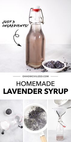 homemade lavender syrup in a glass bottle with spoons and other ingredients to make it