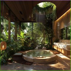 an outdoor bathroom with a large round tub surrounded by greenery