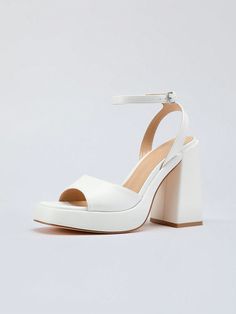 White Glamorous,Sexy,Fashionable Collar   Plain Ankle Strap Embellished   Women Shoes Trendy Open Toe Sandals For Wedding, Trendy Open Toe Wedding Sandals, Square Toe Sandals For Summer Wedding, Square Toe Sandals For Wedding In Spring, Summer Wedding Sandals With Square Toe, Summer Wedding Square Toe Sandals, Buckled Shoes, Platform Sandals Summer, Sandals High Heels