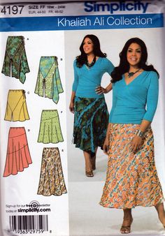 a woman wearing a skirt and top in two different styles, with the pattern on it