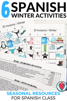 printable Spanish bingo game with winter vocabulary words and images with clues in Spanish sentences Spanish Christmas Activities For Kids