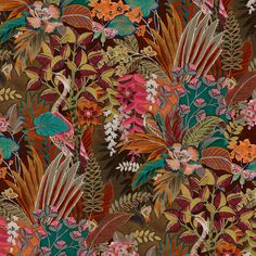 an image of a colorful floral pattern on a brown background with red, orange and green flowers