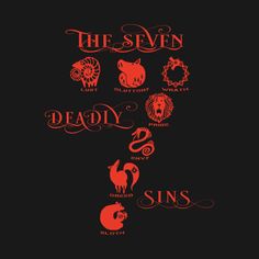 the seven deadly symbols in red and black on a dark background, with an inscription that reads