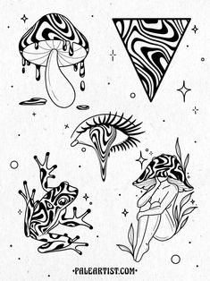 four different tattoo designs on white paper with black ink and some stars in the background