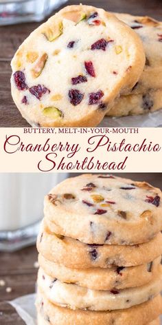 cranberry pistachio shortbread cookies are stacked on top of each other