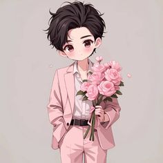 a man in a pink suit holding flowers