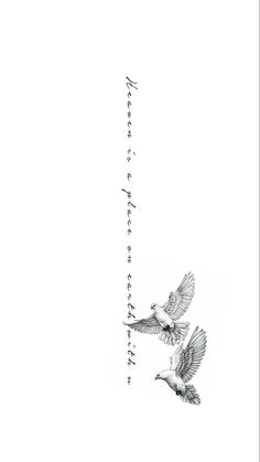 two birds flying next to each other on a white background with writing in the middle