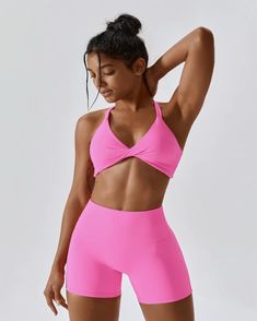 TWIST SPORTS BRA - BARBIE PINK Pink Workout Clothes, Pink Workout, Bra Models, Gym Clothes Women, Workout Wardrobe, Workout Outfit, Klein Blue, Fabric Medium, Sports Leggings