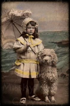 vintage photo DIGITAL Girl and Poodle on the beach Beach Parasol, Postal Vintage, Poodle Puppy