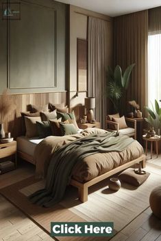 there is a bed in the middle of a room with wooden furniture and plants on the wall