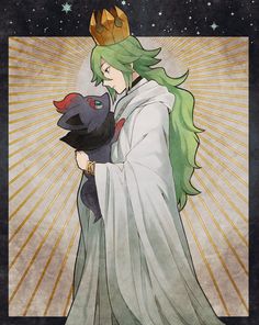 an anime character with green hair and a crown on his head holding a black cat