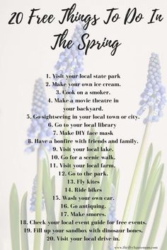 blue flowers with the words 20 free things to do in the spring