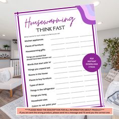 a housewarming checklist with the words, homeowning think fast on it