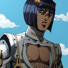 an anime character with short hair and blue eyes wearing armor, looking at the camera