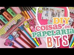 some pens and pencils are laying out on a pink background with the words diy cosas de papeleria bt's