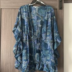 Nwot Blue Island Boho Print Swimsuit Cover Up Size M Blue Beachwear Cover-up For Loungewear, Blue Beachy Cover-up For Loungewear, Blue Long Sleeve Swimwear For Beach Cover-up, Blue Beachwear Top As Beach Cover-up, Blue Beachwear Top For Beach Cover-up, Blue Beachwear Top For Cover-up, Blue Long Sleeve Swimwear For Vacation, Blue Bohemian V-neck Swimwear, Blue V-neck Cover-up For Loungewear