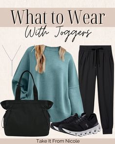 what to wear with joggers outfit with oversized green sweater and on cloud sneakers. outfits with black joggers. What To Wear With Joggers, Air Travel Outfits, Blue Joggers Outfit, Oversized Green Sweater, Jogger Outfit Casual, Womens Joggers Outfit, Oversized Cardigan Outfit, On Cloud Sneakers, Black Joggers Outfit