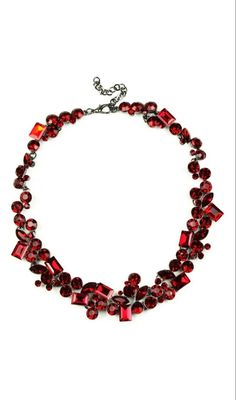 Ruby red glass crystals charm this alloy necklace to give it this unique appearance. If you have been searching for a statement necklace to wear for a special night out, then look no further than this stunning collar necklace! Product Details: Red alloy Glass crystals Approx. 12" + 2" ext. length Clasp: lobster Red Ruby Necklace, Crystal Statement Necklace, Red Jewelry, Ruby Necklace, Red And Teal, Teal And Gold, Red Collar, Crystal Charm, Red Ruby