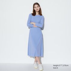 Ribbed Long Sleeve Flare Dress | UNIQLO US Casual A-line Ribbed Midi Dress, Spring Workwear Stretch Maxi Dress, Ribbed Cotton Midi Dress, Solid Stretch Cotton Dresses, Stretch Cotton Midi Dress Knee-length, Cotton Stretch Midi Dress Knee-length, Stretch Cotton Knee-length Midi Dress, Stretch Cotton Midi Dress For Daywear, Cotton Stretch Midi Dress For Daywear