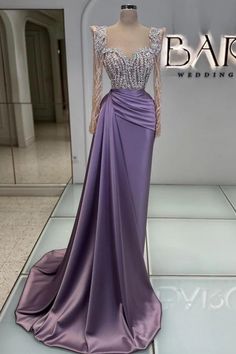 Charming Long Mermaid Sweetheart Satin Beads Formal Prom Dresses with – BIZTUNNEL Purple Prom Dresses Long, Court Train Prom Dress, Prom Dress With Sleeves, Satin Formal Gown, Purple Evening Dress, Purple Prom, Evening Dresses Online