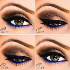 The touch of color is amazing. Brown Eye Makeup, Party Make-up, Make Up Studio, Blue Liner, Eye Makeup Looks, Make Up Inspiration, Smokey Eye For Brown Eyes, Brown Eye, Bohol