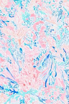 an abstract painting with blue, pink and green leaves on it's surface is featured in this image