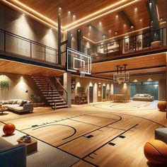 an indoor basketball court in the middle of a living room