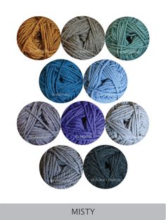 several balls of yarn in different colors and sizes, with the text misty on top